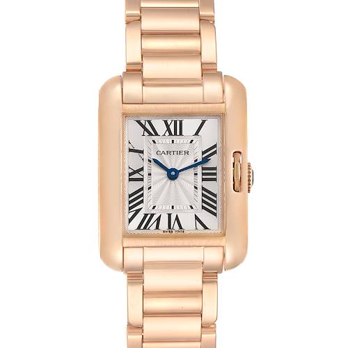 The image shows a Cartier Tank Anglaise watch from a head-on angle, highlighting the dial and bracelet.