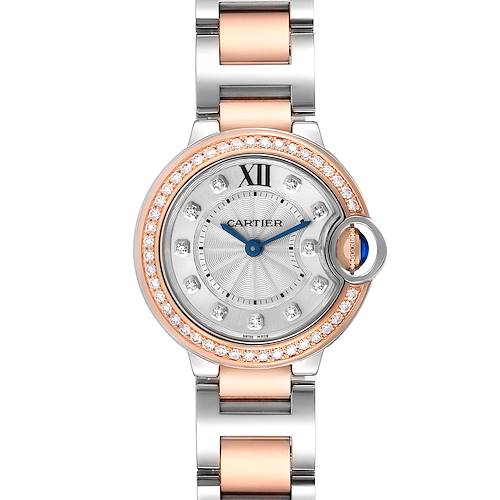 This image shows a front view of the Cartier Ballon Bleu watch, highlighting its silver and rose gold bracelet and diamond-studded bezel.
