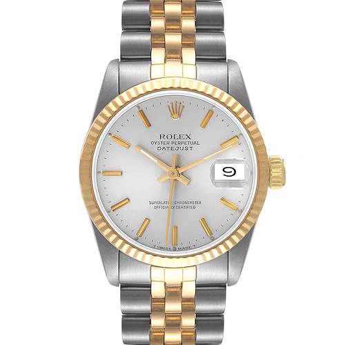 This image shows a front view of a Rolex Datejust Mid-Size watch, highlighting the dial, bezel, and bracelet.