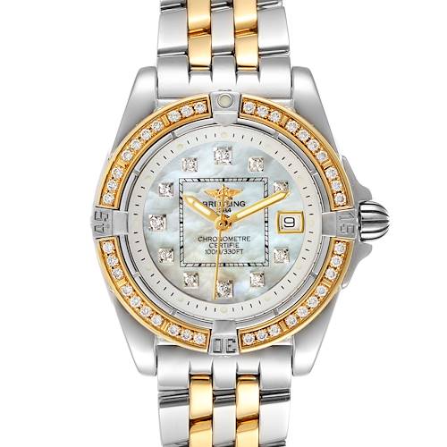 The image shows a front view of a Breitling Cockpit Steel 18K Yellow Gold Diamond Watch D71356, highlighting its dial and bracelet.