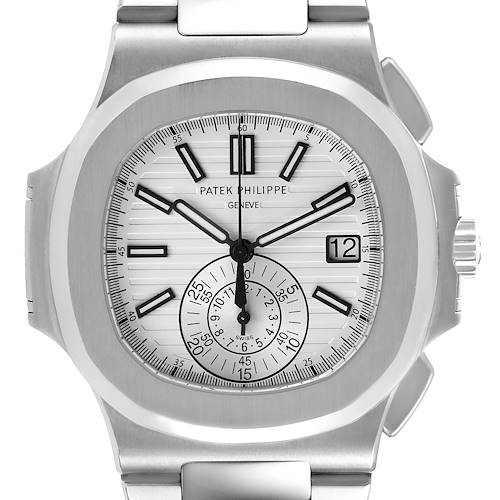 This image shows a front view of the Patek Philippe Nautilus watch, highlighting its dial, hands, and case.