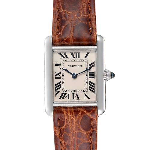 This image shows a front view of a Cartier Tank Louis watch, highlighting its rectangular dial, Roman numerals, and leather strap.