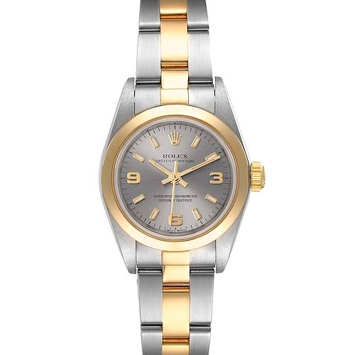 The Rolex Oyster Perpetual watch is shown from a top view, displaying its dial, bezel, and bracelet.