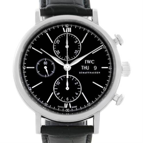 This image shows a front view of the IWC Portofino watch, highlighting its face, chronographs, and leather strap.