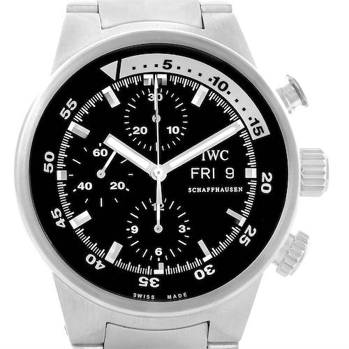 The image shows a frontal view of the IWC Aquatimer watch, highlighting the dial, hands, and subdials.