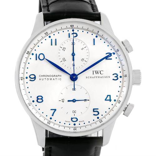 The image shows a frontal view of the IWC Portuguese chronograph watch, highlighting its blue numerals, hands, and subdials.