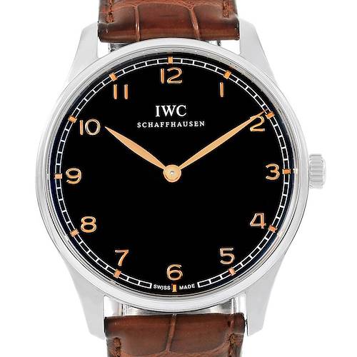 This image displays a front view of the IWC Ingenieur watch, highlighting its black dial, silver casing, and brown leather strap.