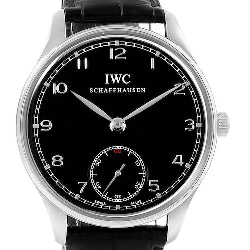 This image shows the front view of an IWC Portuguese model watch, displaying the dial, hands, and part of the leather strap.