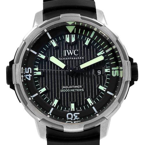 The image shows a front view of the IWC Aquatimer watch, highlighting its dial, bezel, and strap.