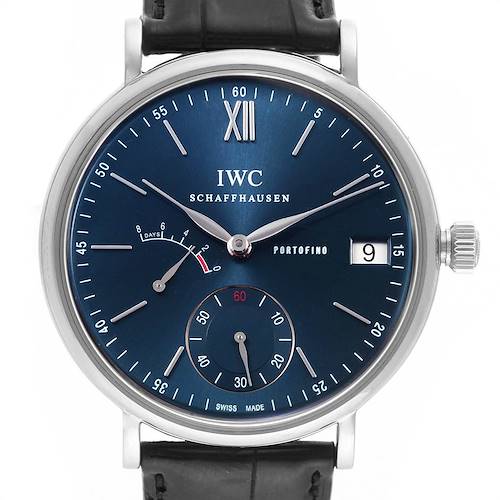 This image shows a full-front view of an IWC Portofino watch, displaying its face, dial, hands, and crown.