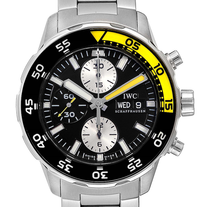 The IWC Aquatimer watch is shown from the front, displaying its face, hands, crown, and part of its bracelet.