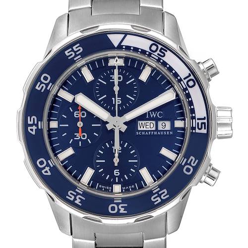 The image shows a front view of the IWC Aquatimer watch, revealing the dial, bezel, chronograph sub-dials, and bracelet.