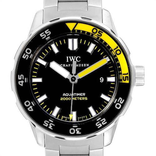 This is a frontal view of an IWC Aquatimer watch, showing the dial, bezel, hands, markers, and part of the bracelet.
