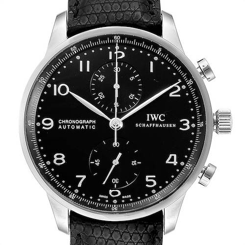 The image shows a frontal view of the IWC Portuguese chronograph watch with a black dial and leather strap.