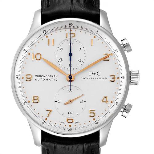The image shows a frontal view of the IWC Portuguese Chronograph Automatic watch, highlighting its dial, crown, and pushers.