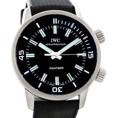 This image shows a front view of the IWC Aquatimer watch, highlighting the dial, hands, and strap.