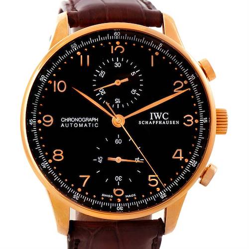 This image shows a front view of the IWC Portuguese Chronograph Automatic watch with a black dial and brown leather strap.