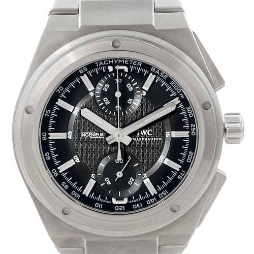 This image shows a front view of the IWC Ingenieur watch, highlighting its dial, tachymeter scale, and chronograph subdials.