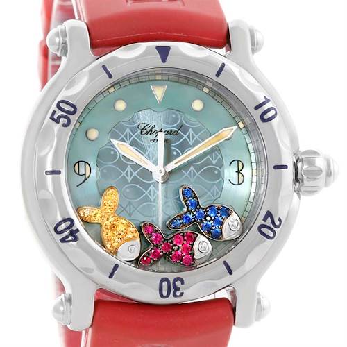 The Chopard Happy Fish Floating Rubi Sapphire Rubber Watch model 288347-8402 is shown from a front angle, highlighting its dial and bezel.