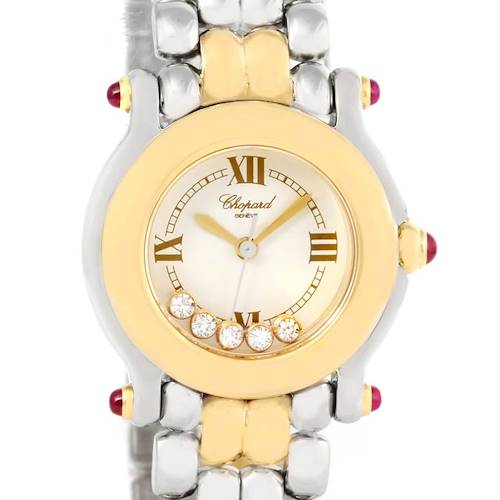 The image shows a front view of the Chopard Happy Sport Steel Yellow Gold Floating Diamonds Watch 27/8278, displaying the dial and part of the bracelet.