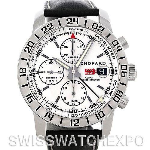 This image shows a front view of the dial and bezel of the Chopard Mille Miglia watch, including its chronograph subdials and date window.