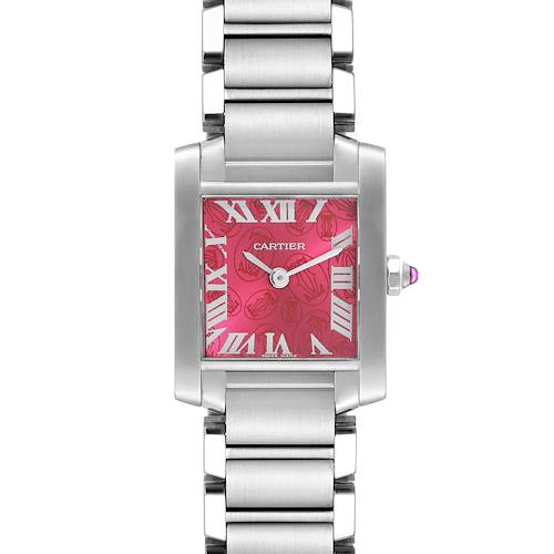 This image shows a front, head-on view of the Cartier Tank Francaise watch, highlighting its pink dial and stainless steel bracelet.