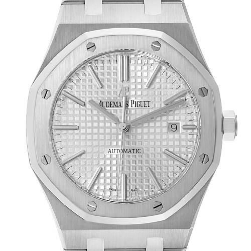 This image shows a front view of the Audemars Piguet Royal Oak watch, highlighting the dial, hands, bezel, and crown.