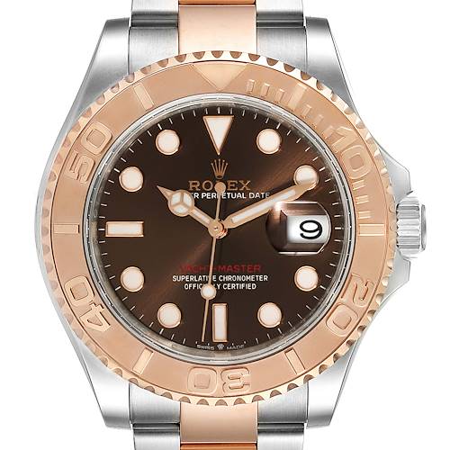 The image shows a front view of a Rolex Yacht-Master watch, highlighting the bezel, dial, hands, and date window.