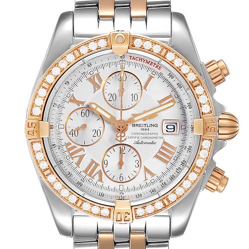 The image shows a front view of the Breitling Chronomat watch, highlighting its dial, bezel, and part of its two-tone bracelet.