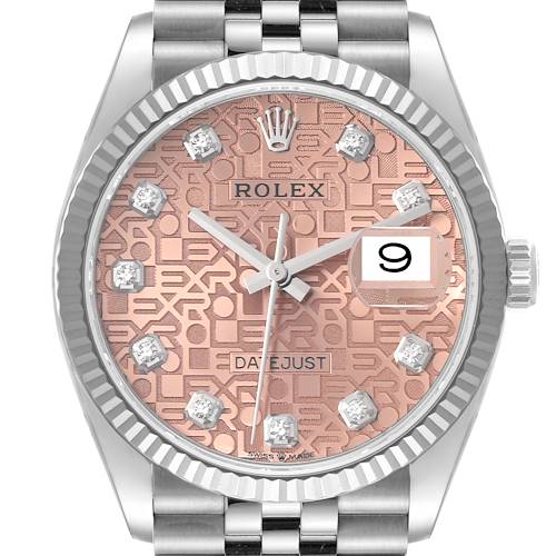 This image shows a Rolex Datejust watch face and partial bracelet from a straight-on angle.