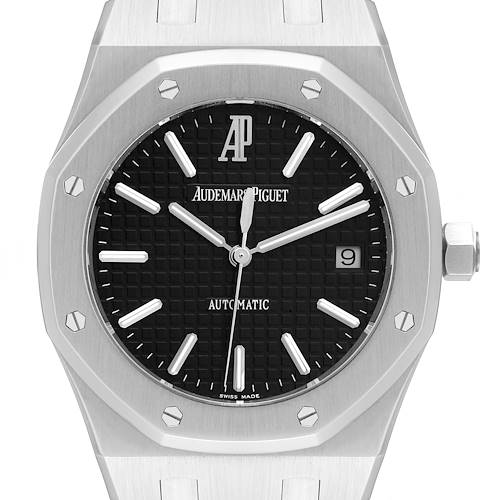 The image shows a close-up view of the dial, bezel, and part of the bracelet of an Audemars Piguet Royal Oak watch with a black face.