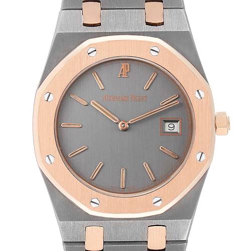 The image shows the front view of an Audemars Piguet Royal Oak watch, highlighting its dial, date window, and bezel.