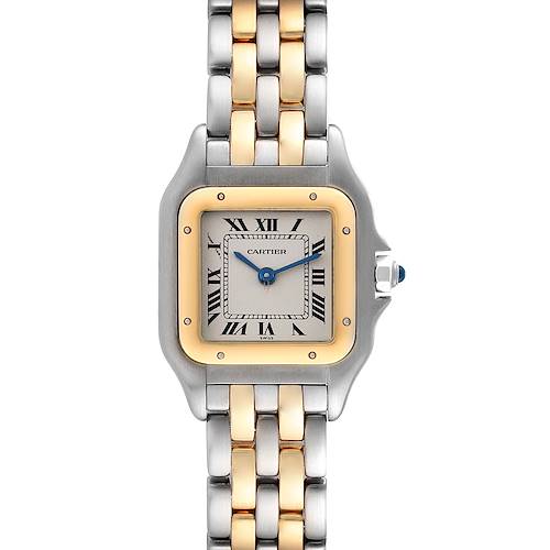 The image shows a front view of a Cartier Panthere model watch, highlighting its two-tone bracelet and square dial with Roman numerals.