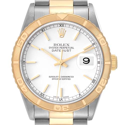 The image shows a front view of a Rolex Turn-o-Graph watch, displaying its dial, bezel, and part of the bracelet.