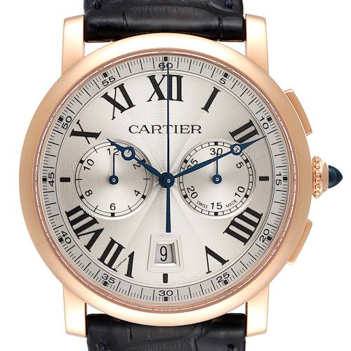 The image shows a frontal view of the Cartier Rotonde model watch, highlighting the face, hands, date window, and strap connection.