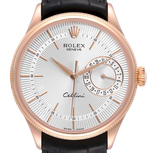 This image shows a close-up view of the Rolex Cellini watch, highlighting its face, bezel, and crown.
