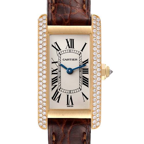 The image shows a full frontal view of a Cartier Tank Américaine watch, highlighting its rectangular face, Roman numerals, and leather strap.