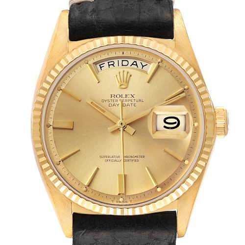 The image shows a front view of the Rolex Vintage Collection model, highlighting the face, hour markers, and day-date display.