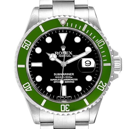 This image shows a front view of a Rolex Submariner watch, highlighting its green bezel, date window, and black dial.