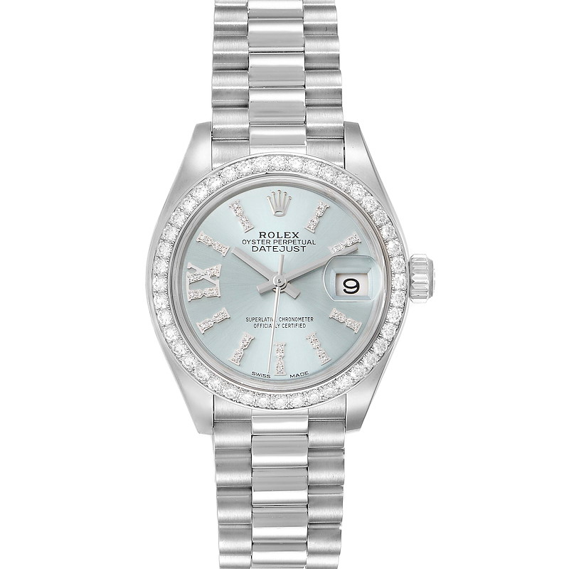 This is a head-on view of the Rolex President Datejust, showing the face, bezel, and bracelet.