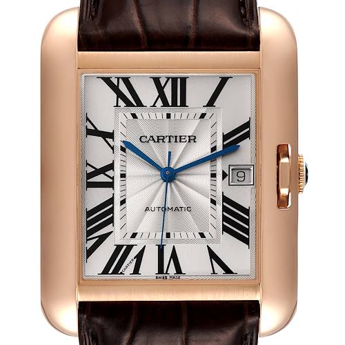 This image shows a frontal view of the Cartier Tank Anglaise watch, highlighting the face, Roman numerals, hands, date window, and part of the strap.