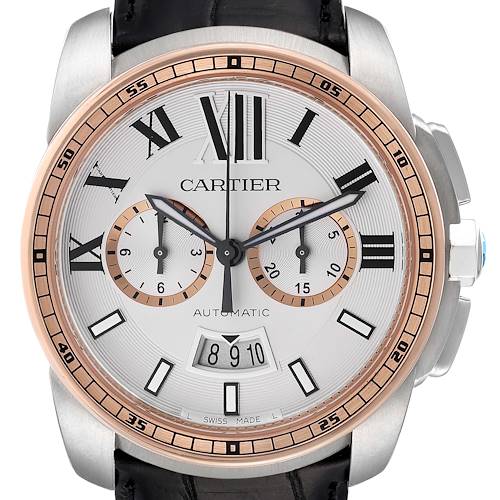 This image shows a front view of the Calibre de Cartier model by Cartier, highlighting the dial, hands, subdials, and bezel.