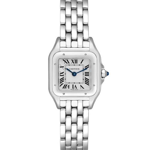 The image displays a Cartier Panthere watch, shown from the front, highlighting the face, bezel, and metal bracelet.
