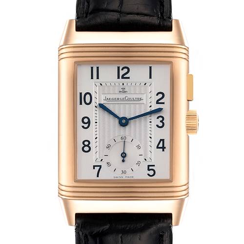 This image shows a front view of the Jaeger LeCoultre Reverso watch, highlighting the dial, hands, crown, and strap.
