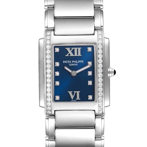 This image shows a front view of a Patek Philippe Twenty-4 watch, highlighting its blue dial, diamond accents, and metal bracelet.