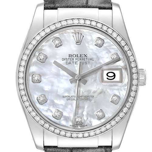 The image shows a front view of a Rolex Datejust watch, highlighting the dial, markers, hands, date window, and bezel.