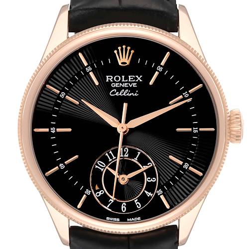This image shows a front view of a Rolex Cellini watch, highlighting its black dial, rose gold casing, and black leather strap.