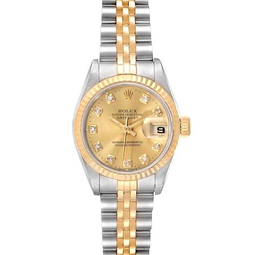 The image shows a frontal view of a Rolex Datejust watch, featuring its golden dial, fluted bezel, and two-tone bracelet.
