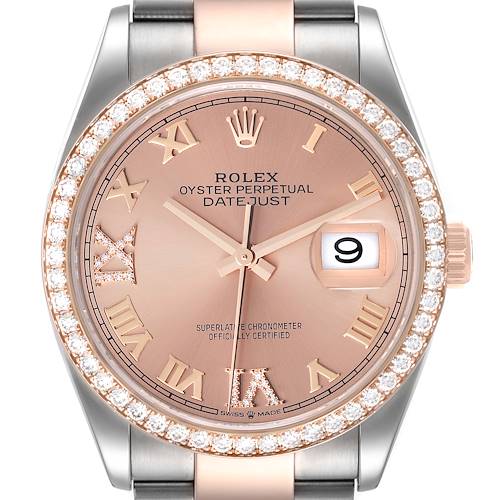 The image shows a close-up front view of a Rolex Datejust watch, highlighting its dial, bezel, and part of the bracelet.