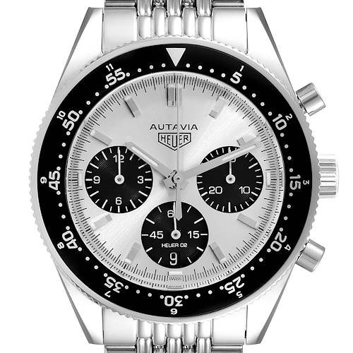 This image shows the face of a Tag Heuer Autavia watch, highlighting its chronograph dials and bezel from a front angle.